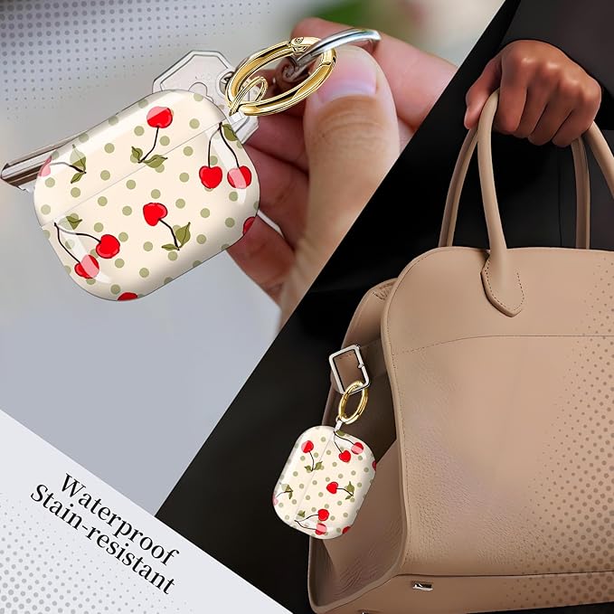 for AirPods Pro 3 Case, Compatible with AirPods Pro 3rd Generation Case (2025), Shockproof Protective Cover with Golden Carabine (Cherry Dot Retro Beige)