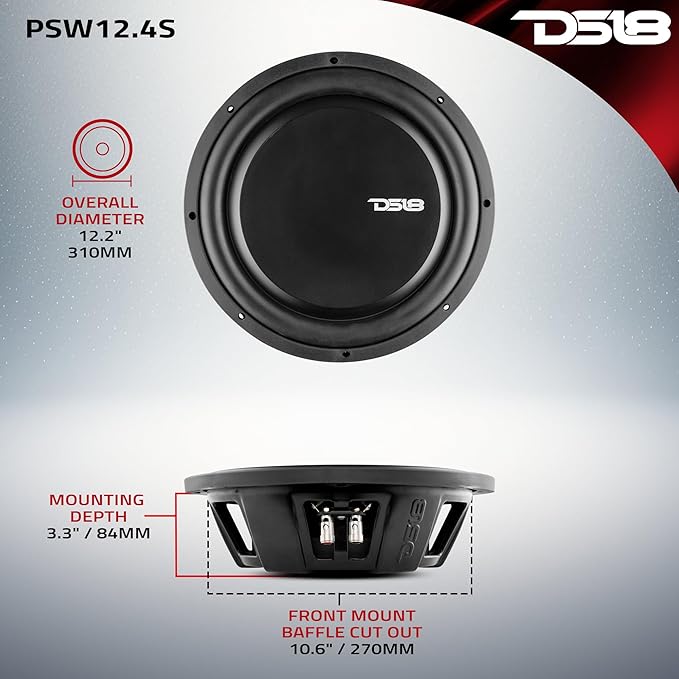 DS18 PSW10.2D 10" Shallow Mount Subwoofer 1000 Watts Max Power 500 Watts RMS Dual Voice Coil 2+2 OHMS Water Resistant - Best Sub for Tight Spaces in Car & Trucks - 1 Speaker
