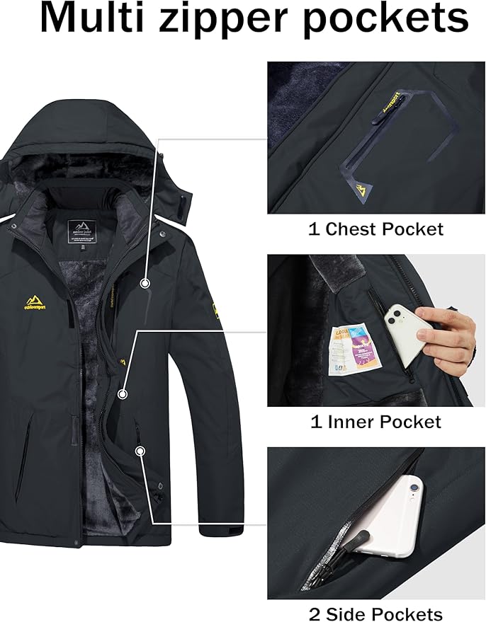 MAGCOMSEN Men's Winter Coats Water Resistant Ski Snow Jacket Warm Fleece Jacket Parka Raincoats With Hood Multi-Pockets