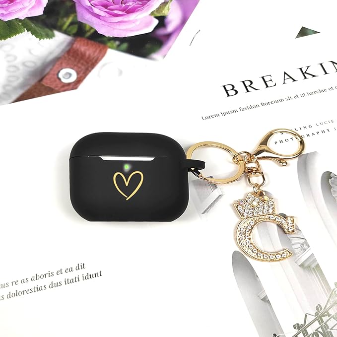 Compatible with AirPods Pro 3 Case Cover (2025), Soft Silicone Case with Gold Heart Pattern for AirPods Pro 3rd Generation Case with Rhinestone Studded Letter A-Z Keychain (C Black)