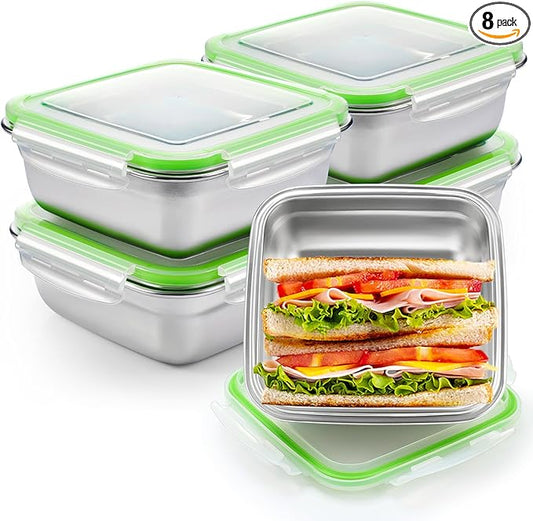 8 Pack Stainless Steel Sandwich Containers with Lids 25.4 oz Metal Food Container for Lunch Boxes with Airtight Silicone Seal for Sandwiches and Snacks (Green)