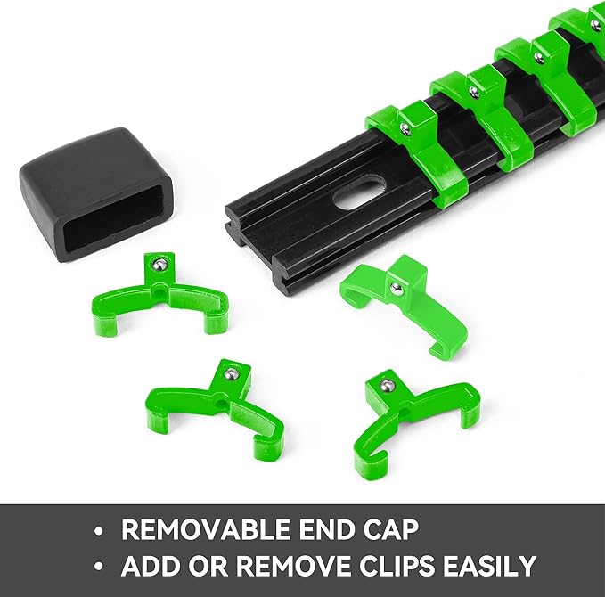 ALOANES 18PC ABS Socket Organizer, Socket Rails Fit 1/2 inch, 3/8 inch and 1/4 inch Drive, toHeavy Duty Socket Holders Hold up to 258 Sockets, Black Rails with Green Clips