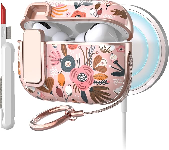 TATOFY for AirPods Pro 2nd Generation Case with Lock Carabiner Cleaner, Slim AirPod Pro 1st & 2nd Hard Case Cover, Compatible with MagSafe (Pink)
