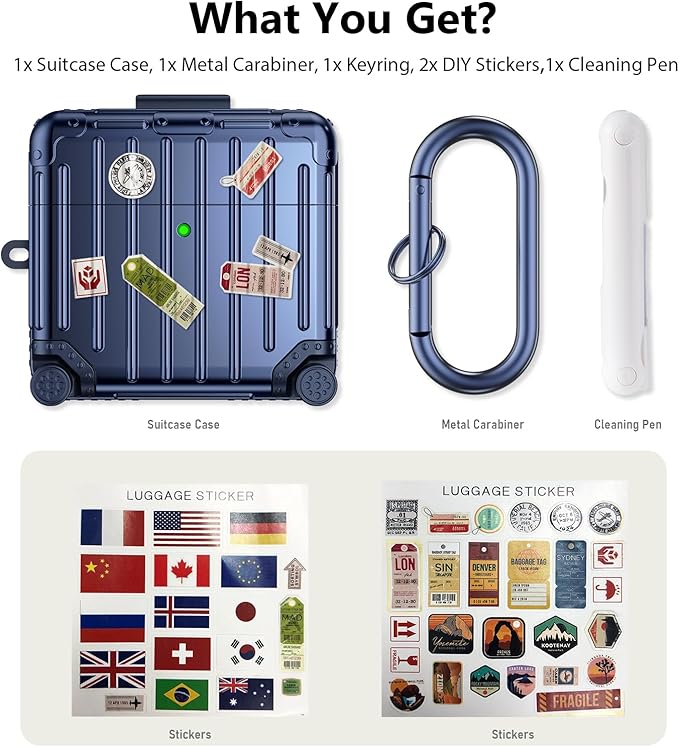 Filoto Compatible with Airpods 4 Case, Cute Fashion Suitcase Design for Airpods 4th Generation Case Cover, Shockproof Protective Hard Case with Keychain/Cleaner Kit (Blue, Airpods 4 Case)