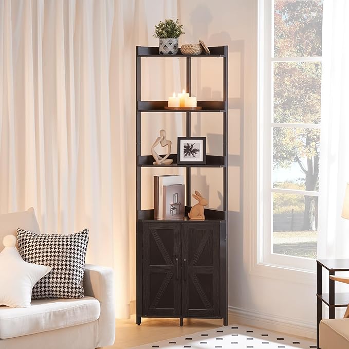 HOOBRO Corner Shelf With Storage, Tall Cabinet, 5-Tier Bookshelf Stand With Protective Fence for Living Room, Black BB78CJ01
