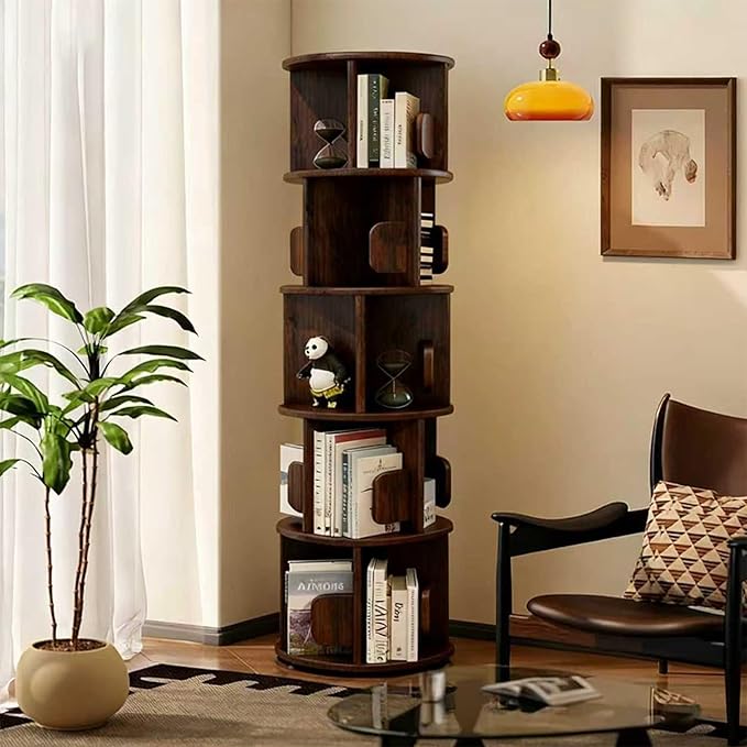 Solid Wood Rotating Bookshelf on Wheels, 5 Tier, Round Revolving Bookcase, 360° Spinning Book Shelf Tower for Kids,Narrow Storage Organizer for Bedroom, Living Room,