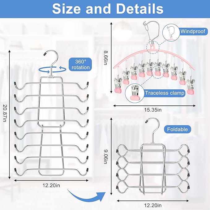 4 Pack Legging Organizer for Closet Hanging, 3 Pants Leggings Hangers with 30 Clips, 1 Tank Top Hanger Space Saving Hangers Closet Organizers and Storage for Pants Skirts Bra, Pink