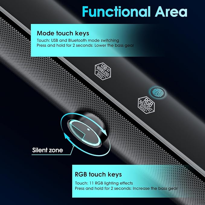 Computer Speakers for Desktop PC,Computer Sound bar,2600mAh PC Soundbar,Bass Boost,HiFi Stereo Bluetooth Desktop Speakers with Touch Buttons for Laptops,Phone,Great for Gamers,Families