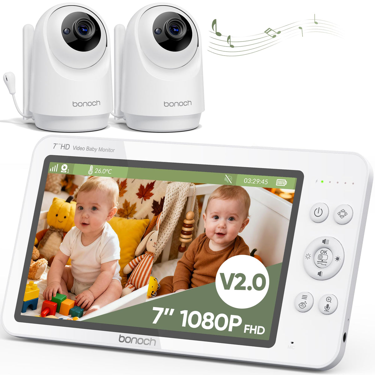 bonoch V2.0 1080P Baby Monitor with 2 Cameras, 7" Sp | Home Security C - Image 1