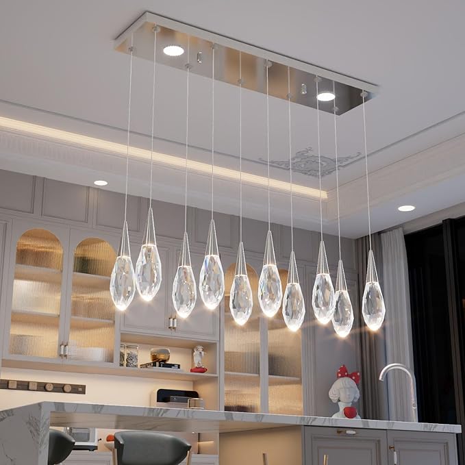 10-Lights Modern Rectangular Chandelier LED Silver Rectangular Pendant Light Fixture Raindrop Chandelier for Dinning Room Staircase Living Room Foyer