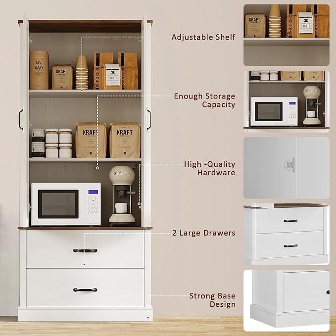 IDEALHOUSE Kitchen Pantry Storage Cabinet with Barn Doors, Drawer, and 2 Adjustable Shelves, Freestanding Tall Hutch with Microwave Stand for Kitchen, Dining Room, White
