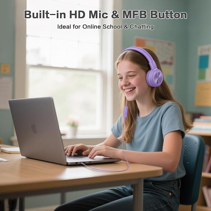 SIMOLIO Wired Headphones for Kids, Girls School Headphone with Microphone & Safe Volume Limiter & Share Port, Foldable Adjustable Over Ear Headsets for Tablet Travel Teens Smartphone (Purple)