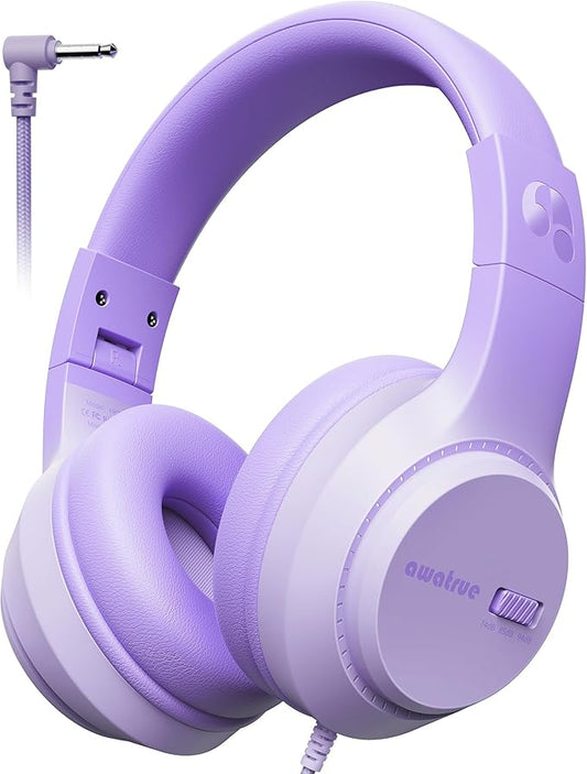 Kids Headphones, 74/85/94dB Volume Limiter, Foldable Wired Over Ear Headphones for Travel, 3.5mm Jack, Toddler Headphones for School, Chromebook, iPad, Tablet, Purple