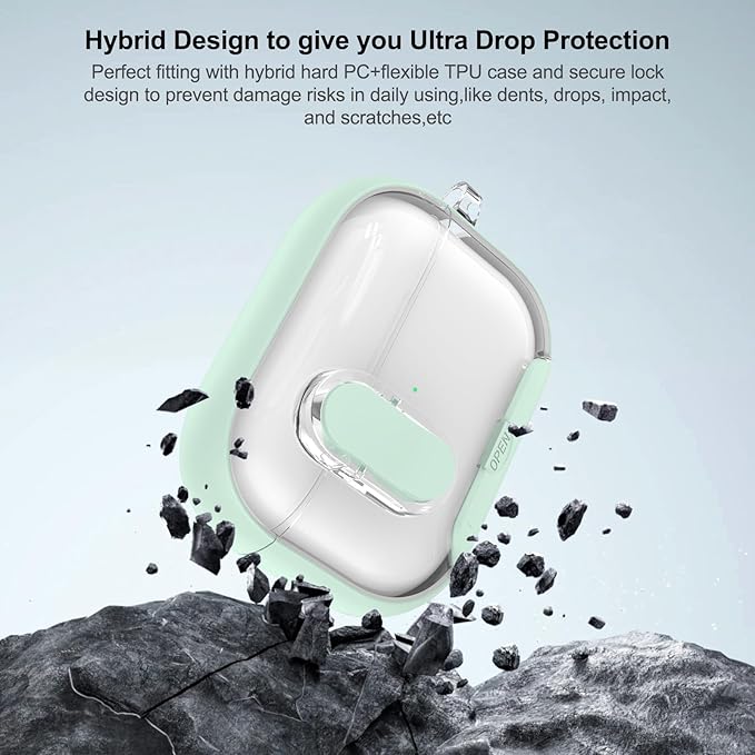 for Airpods Pro 3 Case Clear,Secure Lock for Airpods pro 3rd Generation Case Cover with Phone Stand and Magsafe Function,Auto Pop-up,Hybrid Protection Design with Carabiner&Cleaning Pen-Green