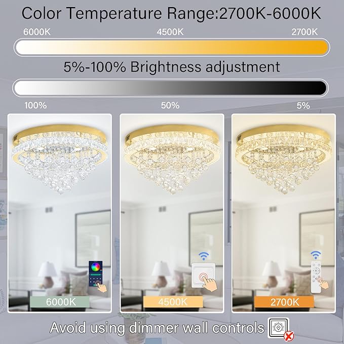 Dia 24" Modern Crystal Chandeliers for Dining Room,Gold Raindrop Chandelier Flush Mount Chandeliers for Living Room Bedrooms Dining Room Dimmable 2700k 4500k 6000k