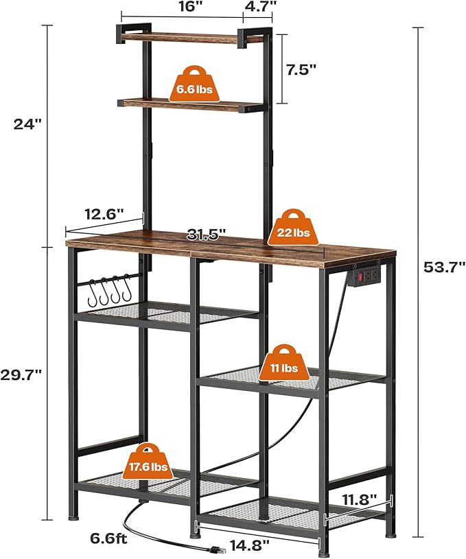 Huuger 31.5 Inch Bakers Rack with Power Outlets, Kitchen Microwave Stand with Storage, Coffee Bar with 4 Hooks, 3-Level Height Open Shelves, Rustic Brown