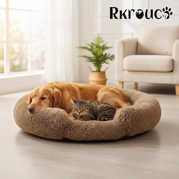 Fluffy Dog Bed Calming Donut Beds for Large Dogs Warming Round Small Medium Pet Nest Cozy Cat Mattress Indoor Washable Puppy Kennel Kittens Sleep Mat (XL, 43.3×43.3 inch, Light Brown)
