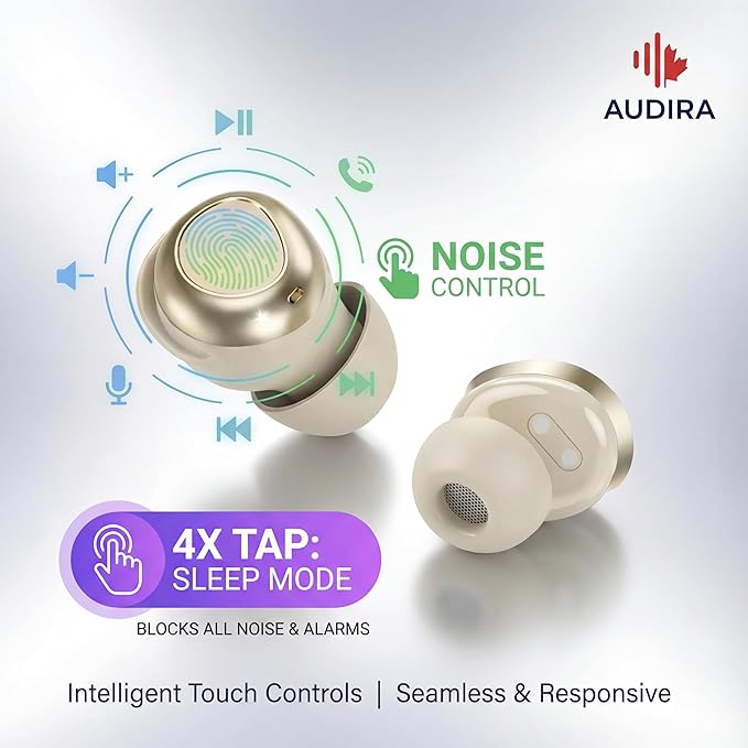 AUDIRA Mini Wireless Sleep Earbuds for Side Sleepers, Bluetooth 5.4 in-Ear Ear Buds with Noise Cancelling, IPX4 Waterproof Headphones, Touch Control, Digital Display Charging Case – Biege