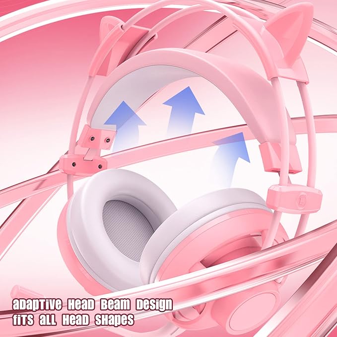 Cute Pink Cat Ears Gaming Headset for, 7.1 Surround Headband Wired Gaming Headset Bass Surround and Noise Cancelling with Mic for Laptop PC Smartphones (Pink)