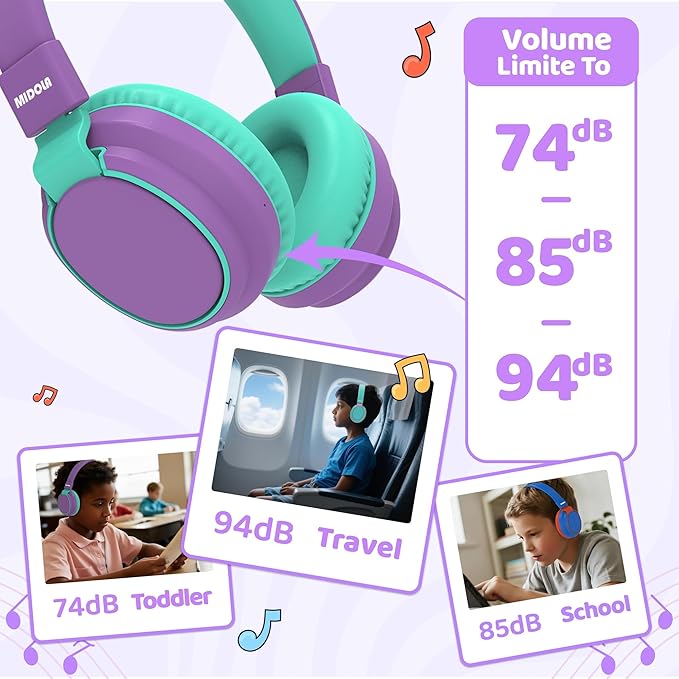 MIDOLA Kids Headphones Wireless Bluetooth 5.4 68H Play Time Volume Limit 85/94dB Over-Ear Foldable Headset,Type-C Fast Charging,with Wired Aux Mic for Toddler Boy Girl Pad Tablet Purple