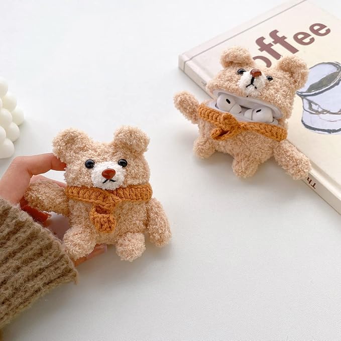 Yatchen Furry Case for AirPods 4,Funny Cute 3D Cartoon Plush Kawaii Khaki Bear Brown Scarf Fluffy Soft Warm for AirPods 4rd Generation Carrying Charging Box with Keychain Protector