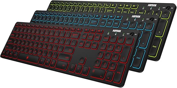 Arteck Universal Backlit 7-Colors & Adjustable Brightness Multi-Device Full Size Wireless Bluetooth Keyboard for Windows, iOS, iPad OS, Android, Computer Desktop Laptop Surface Tablet Smartphone