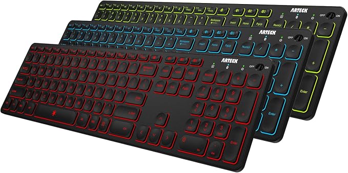 Arteck Universal Backlit 7-Colors & Adjustable Brightness Multi-Device Full Size Wireless Bluetooth Keyboard for Windows, iOS, iPad OS, Android, Computer Desktop Laptop Surface Tablet Smartphone