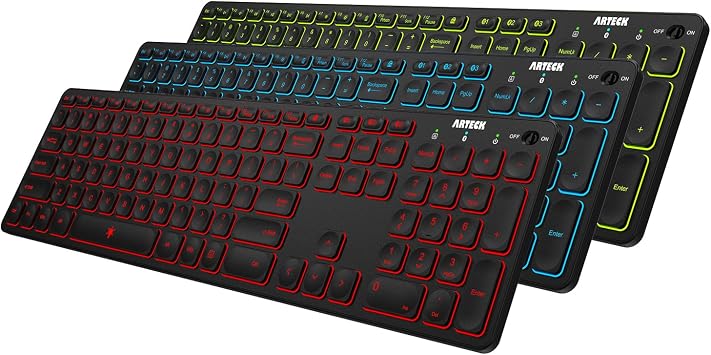 Arteck Universal Backlit 7-Colors & Adjustable Brightness Multi-Device Full Size Wireless Bluetooth Keyboard for Windows, iOS, iPad OS, Android, Computer Desktop Laptop Surface Tablet Smartphone