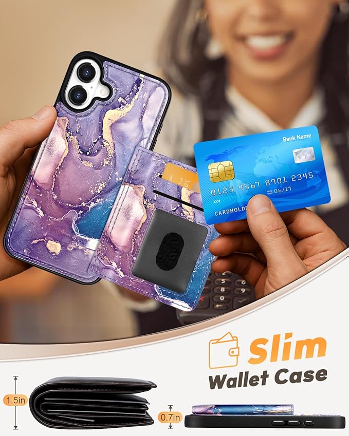 for iPhone 16 Plus Case with Wallet - Fits 4 Card Slots,Compatible with MagSafe for Women Aesthetic Durable PU Leather Credit Card Holder Kickstand Phone Cover for Apple 16 Plus, Purple Marble