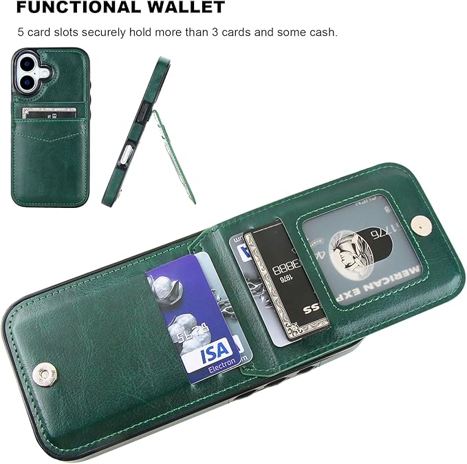 KIHUWEY Compatible with iPhone 17 Case Wallet with Credit Card Holder, Flip Premium Leather Magnetic Clasp Kickstand Heavy Duty Protective Cover for iPhone 17 6.3 Inch (Dark Green)
