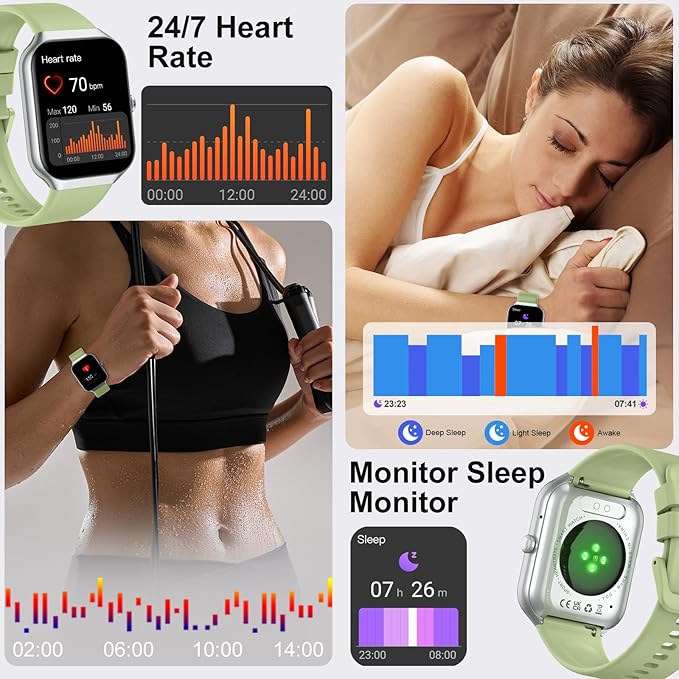 Smart Watch for Men Women (Answer/Make Call), 1.96" HD Smartwatch with Heart Rate/Sleep Monitor/Pedometer/Calories, 113+ Sports Fitness Watch, IP68 Waterproof Activity Tracker for Android iOS-Green