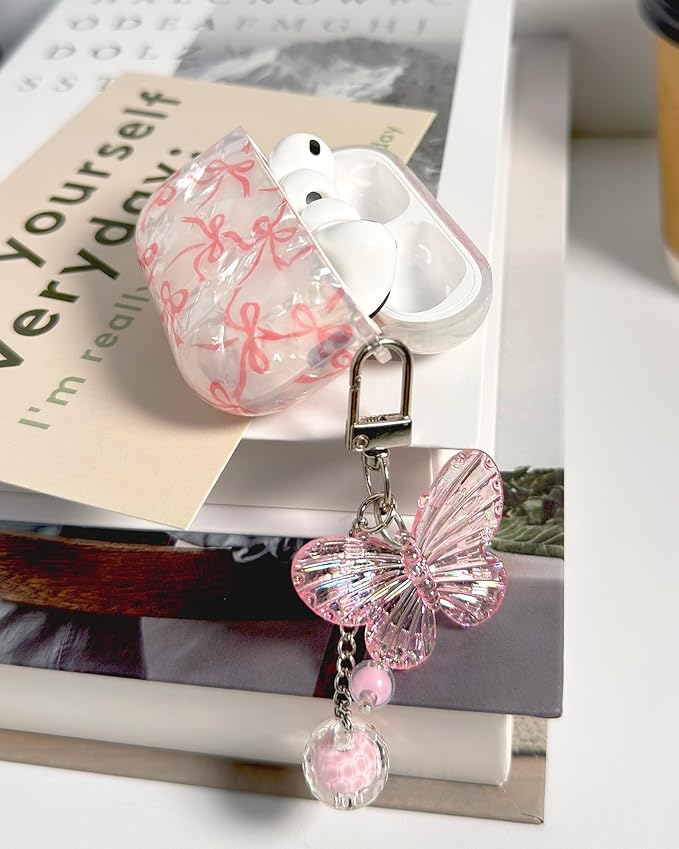 Compatible with AirPods Pro 3 Case Cute, Shell Pattern Shockproof Protective Cover for Girls Women with Butterfly Keychain Designed for AirPod Pro 3rd Generation(2025), Pink Bow