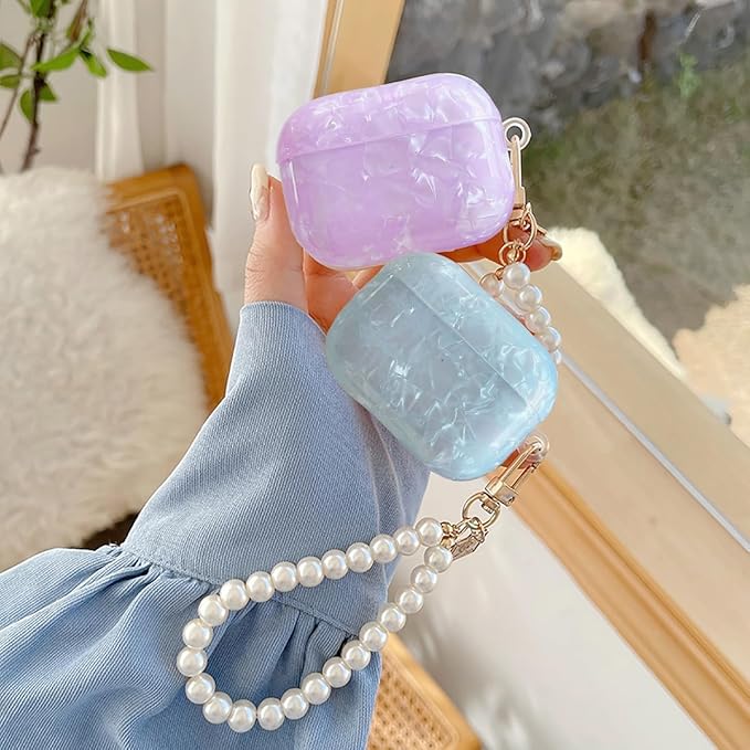 for Cute Glitter Airpods Pro/Pro 2 Gen Case with Cleaner Pen, Shell Pattern iPod Pro 2nd/1st Generation Cover Protective Skin Girl Women with Luxury Pearl Keychain 2023/2022/2019 - Blue