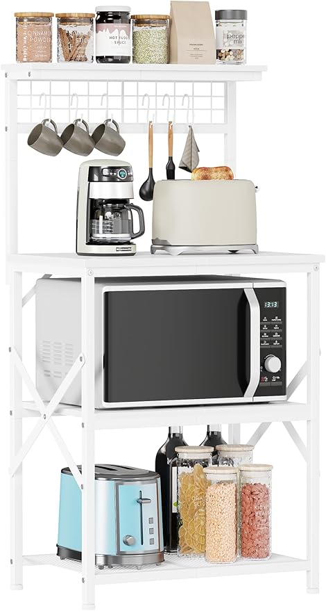 Furologee Kitchen Bakers Rack with Hutch, Coffee Bar Station 4 Tiers, Microwave Oven Stand with 6 S Hooks and Pegboard, Kitchen Microwave Rack for Spice Organizer Workstation, White