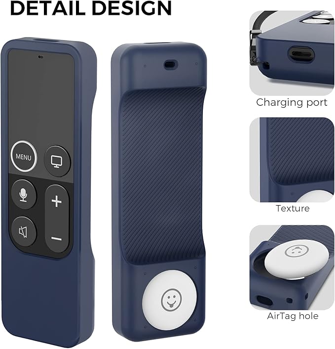 AhaStyle Protective Case for Apple TV Siri Remote With AirTag Holder, Anti-Slip Silicone Cover Compatible With 2017 4K [1st Generation] and 2016 HD (Midnight Blue)