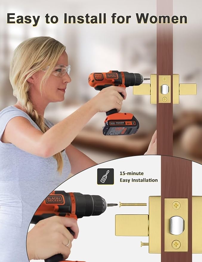2 Pack Gold Keyless Square Levers Handles, Satin Brass Finish, Interior Passage Door Locksets for Hall Closet Door Knobs Lock Reversible Right & Left Handed