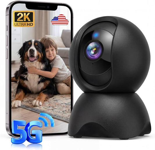 2K Indoor Cameras for Home Security, 2.4GHz & 5GHz WiFi, 360° Pan-Tilt, Night Vision, Human Auto Tracking, Local/Optional Cloud Storage, Pet/Dog/Baby Camera with Phone app, Black