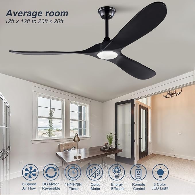 60 Inch Black Ceiling Fan with Lights and Remote, 3 Wood Fan Blades and Timer Setting, 60 Inch Modern Ceiling Fan with Quiet Reversible DC Motor Indoor Outdoor for Patios Living Room Bedroom