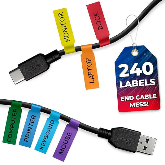 240 PCS Cable Labels Tags for Cable Management – 8 Bright Colors, Self-Adhesive, Tear-Resistant & Waterproof Cord Labels for Electronics | Tags for Wires - Writable or Printable with Laser Printer