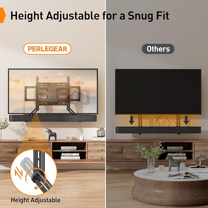 Perlegear Soundbar Mount with Adjustable Height, Sound bar Mount up to 15 lbs, Soundbar Mount Under or Above TV, Soundbar tv Mount Bracket with Detachable Long Extension Plates PGSM04B