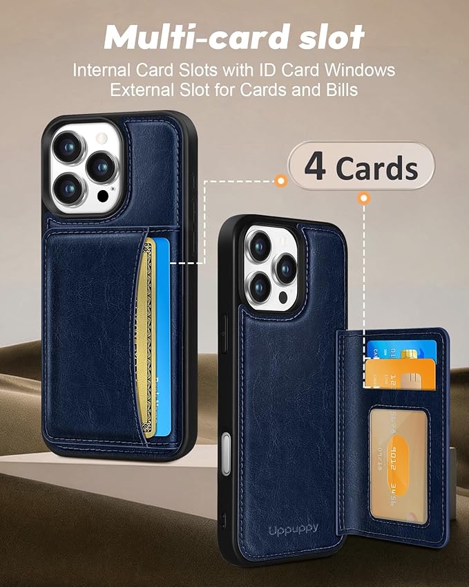 for iPhone 16 Pro Max Case with Wallet - Fits 4 Card Slots, Compatible with MagSafe for Women Men Aesthetic PU Leather Credit Card Holder Kickstand Phone Cover for Apple 16 Promax, Blue