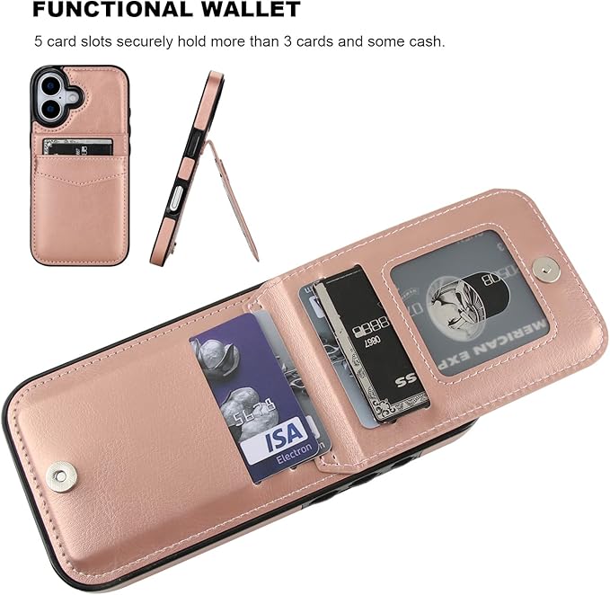 KIHUWEY Compatible with iPhone 17 Case Wallet with Credit Card Holder, Flip Premium Leather Magnetic Clasp Kickstand Heavy Duty Protective Cover for iPhone 17 6.3 Inch (Rose Gold)