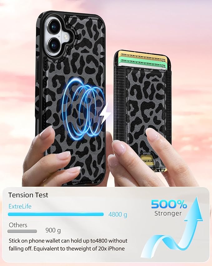 Shorogyt for iPhone 17 Wallet Case - Fits 5 Cards, Compatible with Magsafe Detachable Magnetic Credit Card Holder Leather Cardholder Cute Phone Cover Women Girls for Apple 17, Leopard