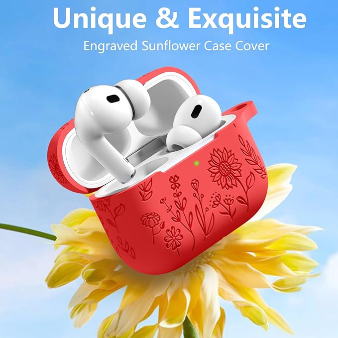 Hamile for AirPods Pro 2nd Generation Case with Cleaner Kit & Keychain, Flower Engraved Soft Silicone Protective AirPods Pro Case Cover for Apple AirPods Pro Case 2nd/1st Gen,Front LED Visible, Red