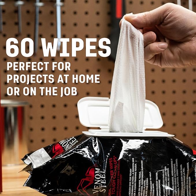 Venom Steel Workshop Wipes with Scrubbing Beads, for Grease, Grime, Oil, Paint & Caulk, Safe on Hands, Tools, Non Porous Surfaces & Stainless Steel - Light Citrus Scent, 8" x 12" Cloths, 240 Wipes