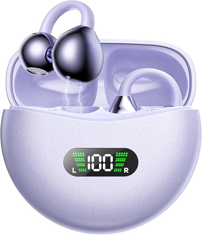 Ear Clip Earbuds Mini Open Ear Headphones Bone Conduction Earphones， True Wireless Bluetooth Headphones for Sport Workout Driving Walking Running Compatible with iPhone Android (Purple)