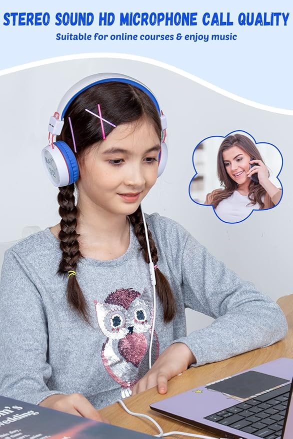 New Bee Kids Headphones for School with Microphone KH20 HD Stereo Safe Volume Limited 85dB/94dB Foldable Lightweight On-Ear Headphone for PC/Mac/Android/Kindle/Tablet/Pad (White)