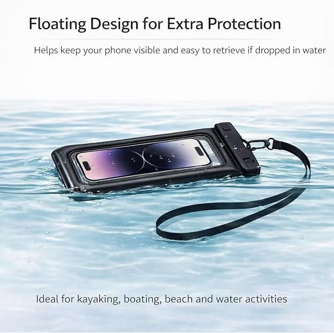 Floating Waterproof Phone Pouch (2-Pack), IPX8 Dry Bag with Built-in Airbag, Touch-Friendly Clear Case with Lanyard for Beach, Swimming, Kayaking & Cruise, Fits Phones up to 7.2" (Black)