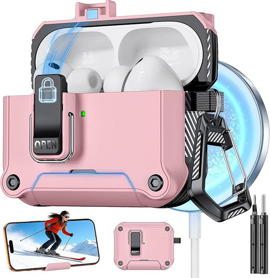 for AirPods Pro 3 Case with Lock,Automatic Snap Switch Design with Phone Stand，Accessories with Cleaning Pen/Keychain/Tool,Compatible with Magsafe (Pink, AirPods Pro 3rd (2025))