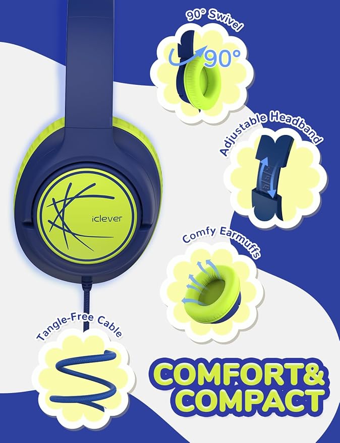 iClever Kids Headphones, Childrens Headphones for Kids 85dBA Safe Volume Limit, Stereo Sound Foldable Over Ear, 3.5mm Jack Boys Girls Headphone for School/Travel/Tablet/PC, Blue Green
